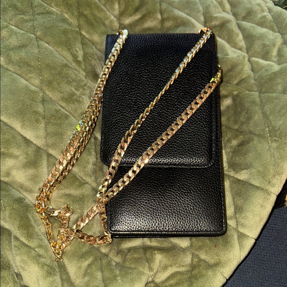 Black Leather Crossbody Bag with Gold Chain